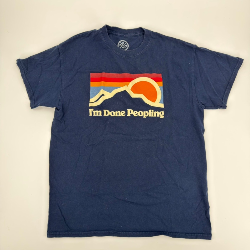 DOM Im Done Peopling Graphic T-Shirt Navy Blue Mountain Sunset Womens Medium